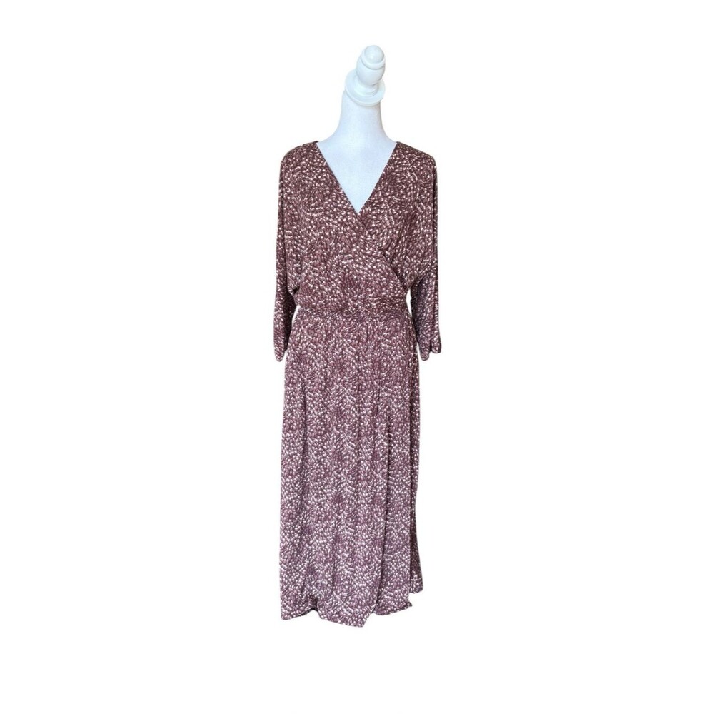 Garnet Hill Faux Wrap Maxi Dress Brown Stretch Tencel Jersey V Neck Womens Small